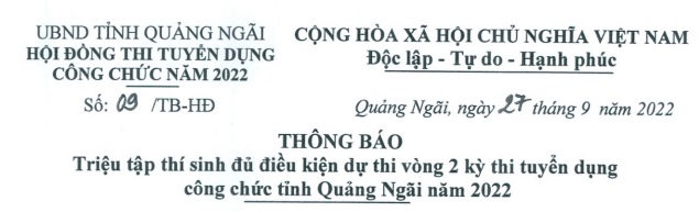 Thông báo Triệu tập thí sinh đủ điều kiện dự thi vòng 2 kỳ thi tuyển dụng công chức tỉnh Quảng Ngãi năm 2022
